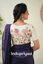 Purple Handloom Khadi Cotton Saree With  Embrodery Work Redy Made Blouse
